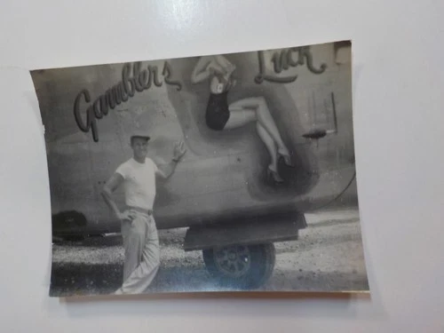 WW2 Photo Military Aircraft Nose Cone Art Girl Gamblers Luck Photograph VTG WWII