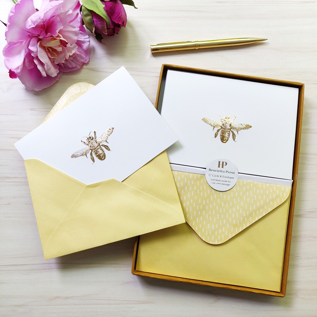 12 Bee Notecards & Envelopes Gift Box | Gold Foil Bee Design