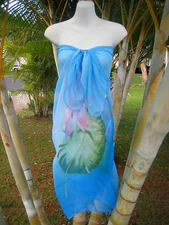 Sheer Sarong Hawaii Pareo Blue Pink Lotus Beach Skirt Coverup Cruise Wrap Dress