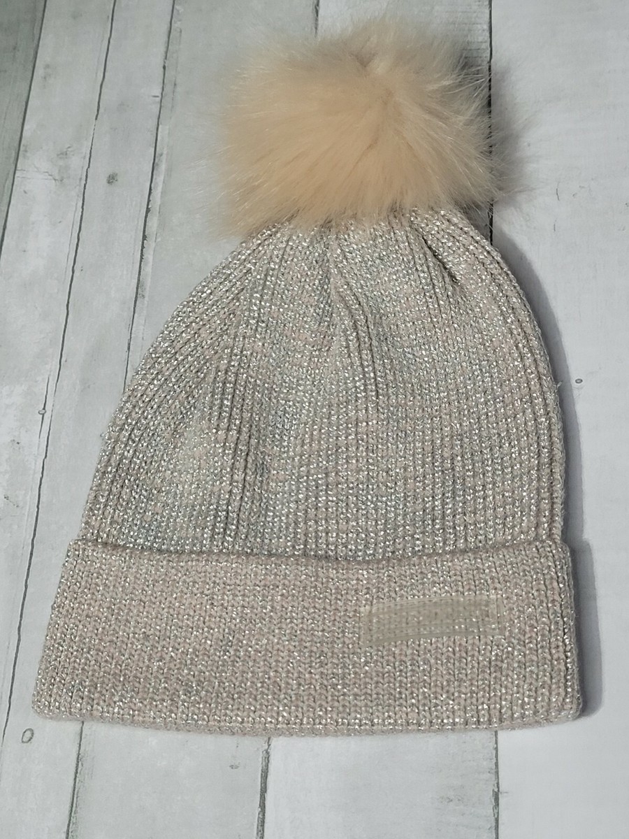 Metallic Rose Gold Ribbed Pom Fox Beanie Hat Fox Fur Pom Beanie with Wool Blend Knit - Sitka Fur Gallery main image 2