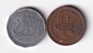 Two Cyprus coins, 3 and 5 Mils, ship and fish, 1955 and 1981