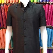 Men Shirt Cloth Thai Traditional Outfit Short Sleeve Uniform Top Summer Black