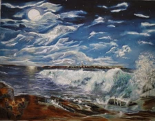 von Wening art Glowing Fire on the Beach serenaded by Guitar &Stars oil Painting