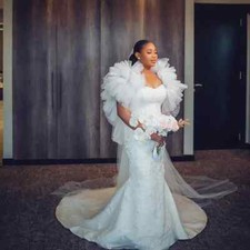 Luxury White Lace Appliques Mermaid Wedding Dresses Puffy Sleeves Bridal Gowns