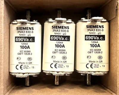 Siemens 3NA3830-6 Fuse Inserts 100A *3-Piece* NEW ORIGINAL PACKAGING