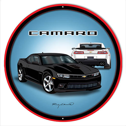 Camaro Hot Rod Black Metal Sign By Rudy Edwards 14x14 Round - Picture 1 of 1