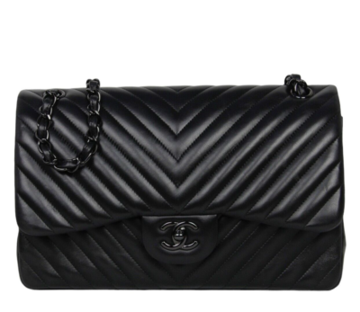 Authentic Chanel SO Black Lambskin Chevron Quilted Double Flap