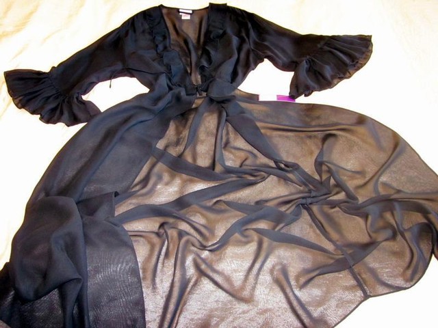 Long Black Chiffon Robe Sheer Frilly 