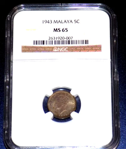 1943 MALAYA 5C FIVE CENT NGC MS 65 MS65 WWII British Malaysian UNC Graded Coin