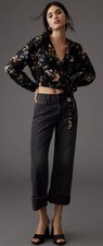NEW Anthropologie PILCRO Cropped Floral Black Waist-Tie Blouse Linen Blend Sz XL