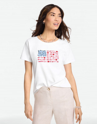 Talbots Women's Floral Flag Short Sleeve Crewneck Tee, WHITE (NEW WT)
