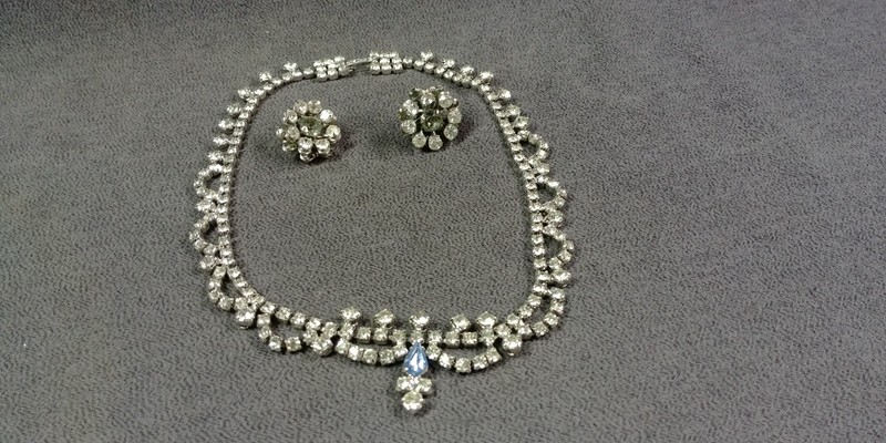 2 1950s Art Deco Style Rhinestone Necklace Clip On Earrings Vintage Jewelry Lot