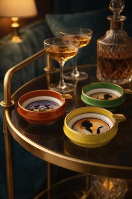 Mid Century Hand Painted Japan Ashtray Set Art Deco Silhouette Hollywood Regency