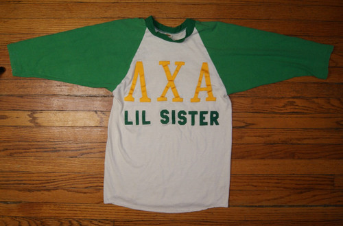 Vintage 70s 80s Lambda Chi Alpha LIL SISTER Fraternity Shirt Raglan Green White