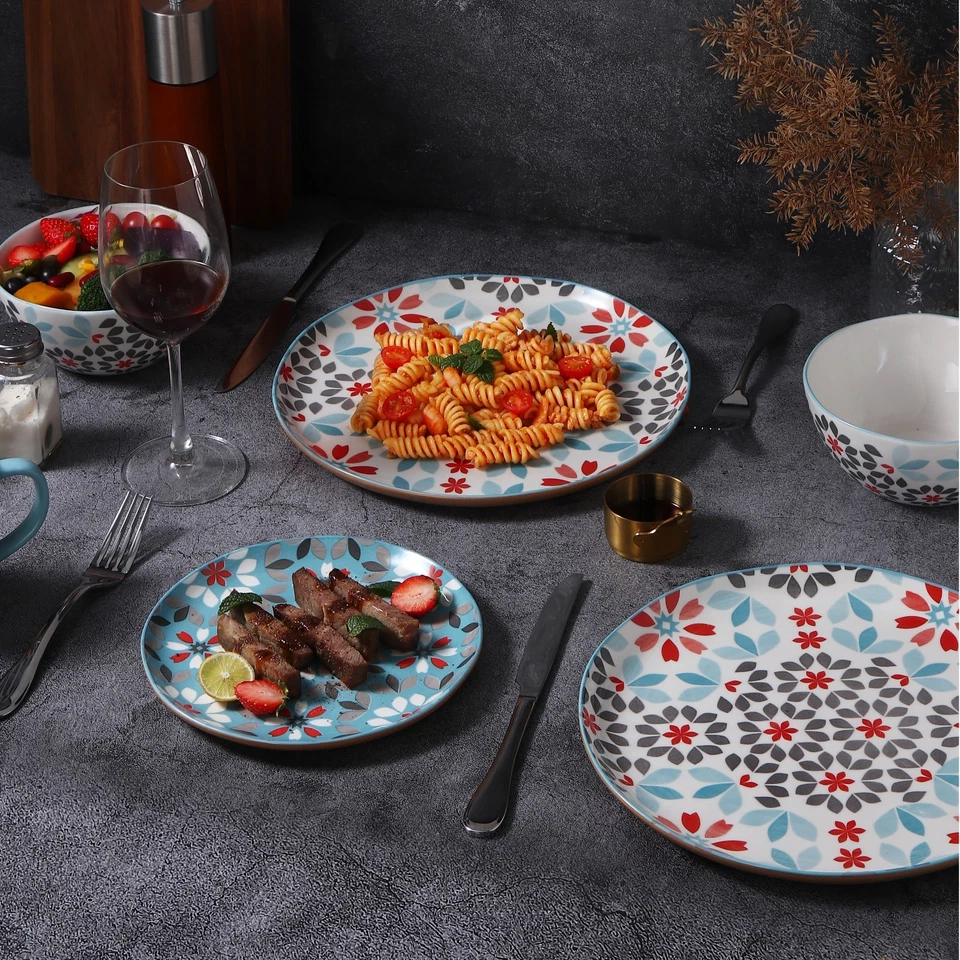 Juego de vajilla Lorren Home Trends floral de porcelana de hueso, 12 piezas azul rojo gris Foto 3 de 4