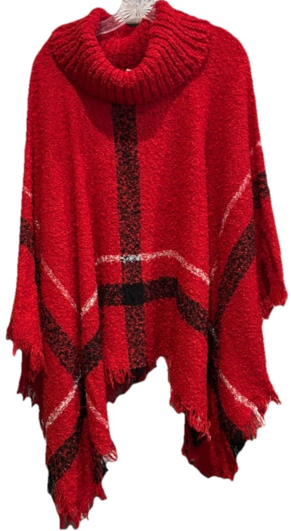 Westbound Women’s Poncho Fringe L/XL Red Black White Geometric Boho Chic EUC