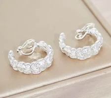 Clip on 1" silver flower open back hoop earrings