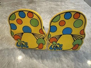 TWO Vintage Wooden Holiday Fair Yellow Mushroom LOVE Bookend 1970s Retro Japan