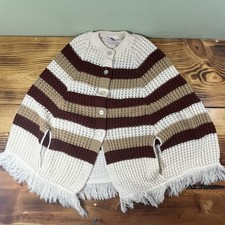 Vintage Knit Shawl Boho Chic Poncho Striped Fringed Wrap Hippie Brown Beige USA