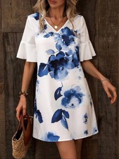 White Blue Floral Print Short Flare Sleeve V-Neck Sheath Rayon Dress Sz Med NWOT