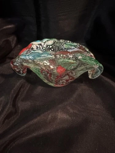 Vintage Murano Art Glass Candy Dish with Silver Flakes - Clam Shape