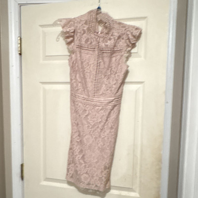 Anself Women s S/M Pink Lace Floral High Neck Sleeveless Sheath Dress Zip