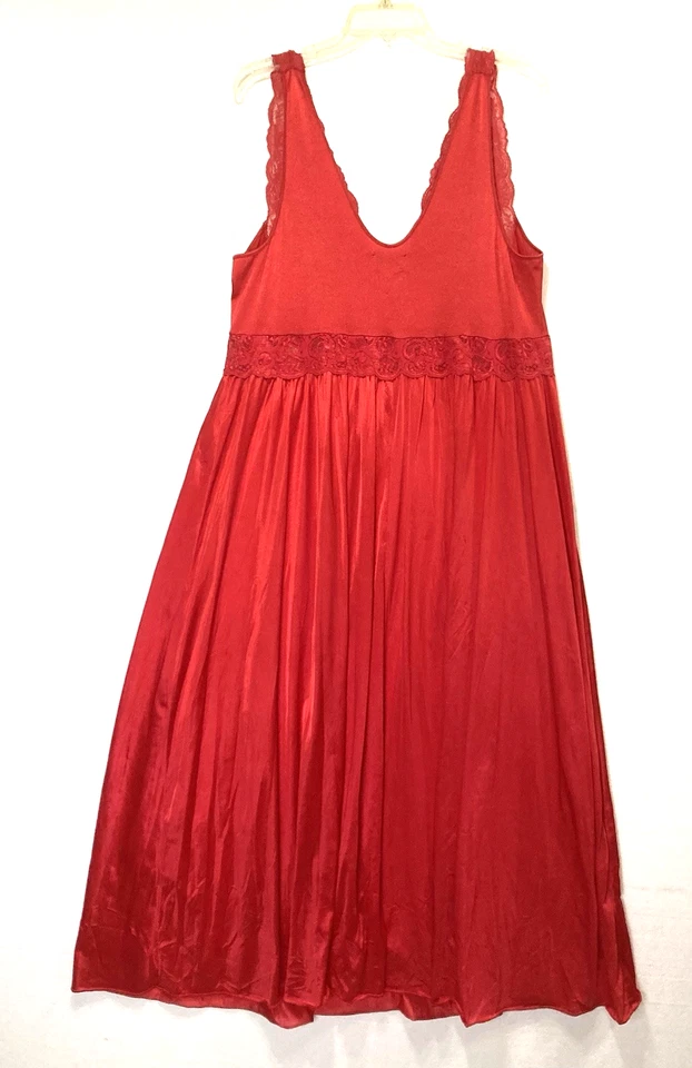 Vintage Shadowline Long Nightgown Size 2X Red Full Sweep Nylon Lace - Image 3 of 4