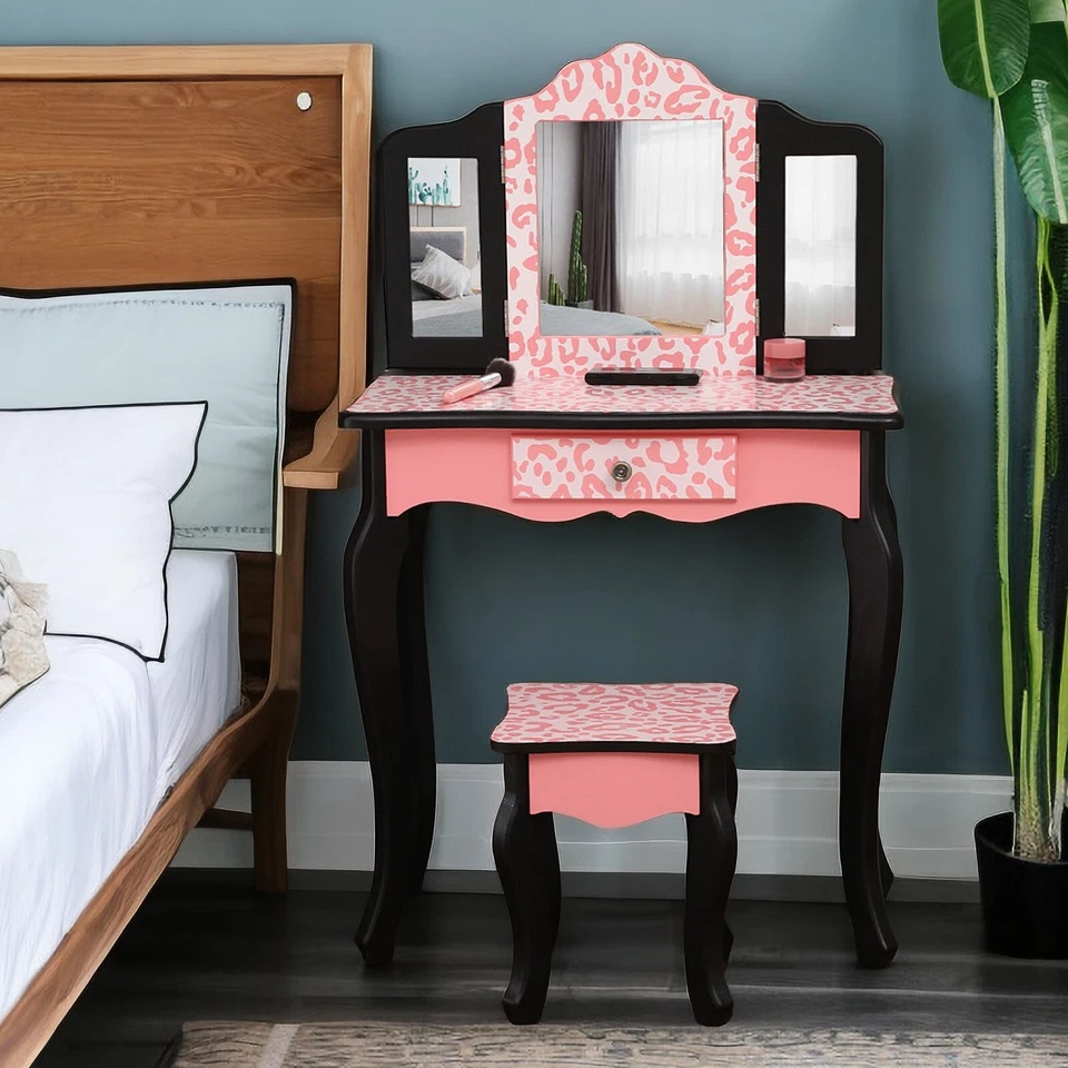 Red Sturdy Three-Fold Mirror Children Vanity Table Set, Makeup Vanity Table Set - Image 3 of 4