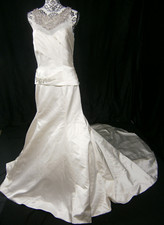 Cristiano Lucci Wedding Dress 6-10 Satin Illusion Crystals Fit & Flare Ruching