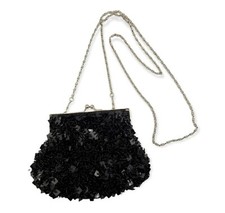 BIJOUX TERNER Black Beaded Sequin Small Purse Evening Bag Silver Chain 5" x 7"