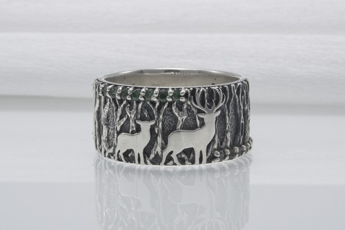Forest Nature Fashion Ring Wood Texture Wide Band Handmade Deer Couple Jewelry - Picture 5 of 10
