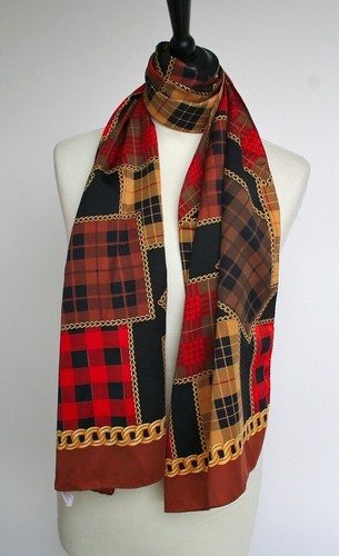 Bufanda de poliéster vintage marrón de los 80 ""Plaid Print & Chains"" - larga - Imagen 2 de 2