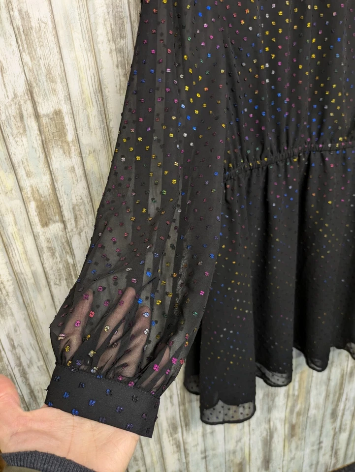 Vestido MODCLOTH Negro Chifón Arco Iris Clip Punto Lunares Manga Abullonada XL  Foto 2 de 4