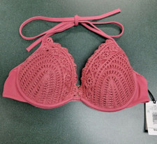 NWT SHADE SHORE - Bikini Top Size 34B Crochet Underwire Padded Halter PINK 33