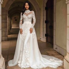 High Neck Mermaid Wedding Dresses Appliques Long Sleeve Buttons Back Bridal Gown