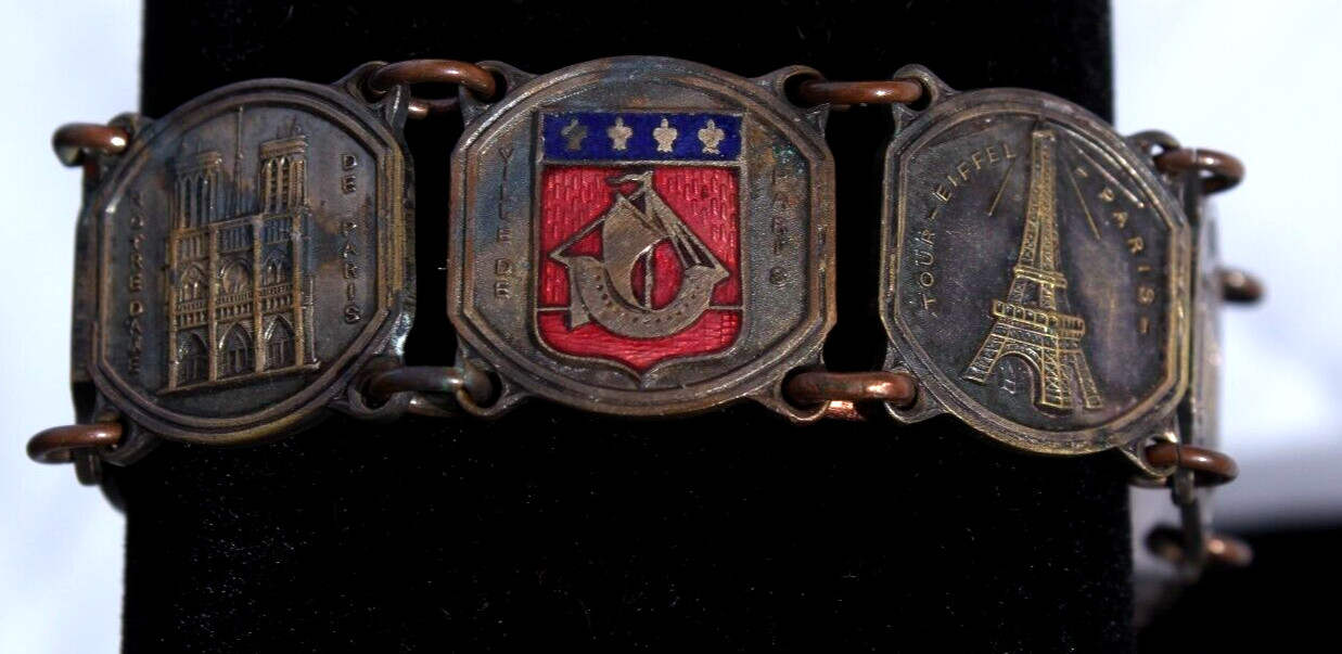 Bracelet Souvenir Paris En Argent Ton 7.25 - Motif Monuments, Fait Main, émaillé, Occasion