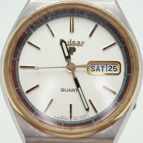 Vintage Pulsar Mens Watch 35mm Gold Tone White Day Date Y513-6059 w New Battery - Picture 6 of 22