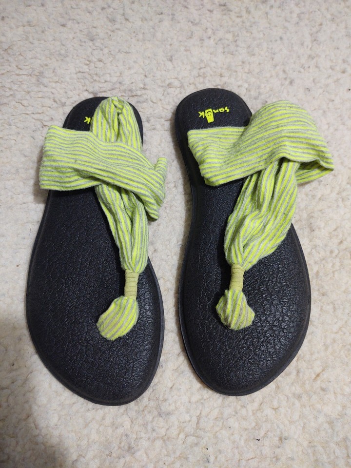 Sanuk Yoga Sling Stripes Flip Flop Thong Sandals Neon Green & Gray Size