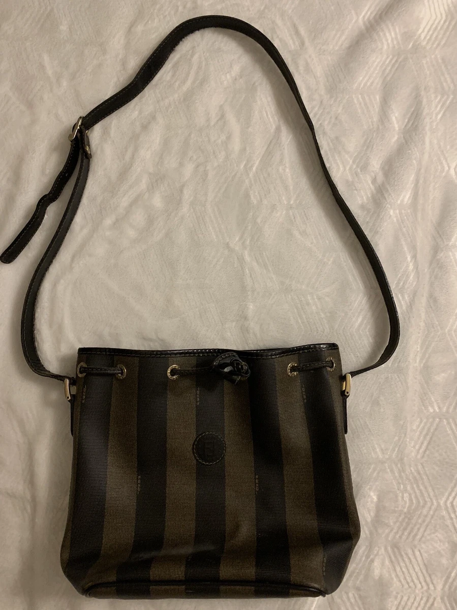 VINTAGE FENDI BLACK CANVAS & LEATHER DRAWSTRING BUCKET BAG W/ BROKEN STRAP