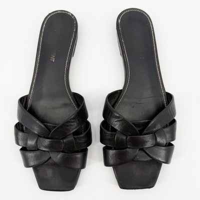 Saint Laurent Tribute Flat Woven Leather Sandals Black Slides Mules 37.5 US 7