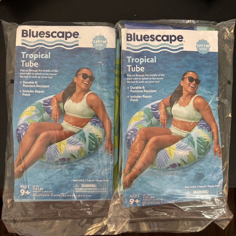 Set of 2 Bluescape Blue Tropical Inflatable Swim Tube Pool Float Kids & Adults