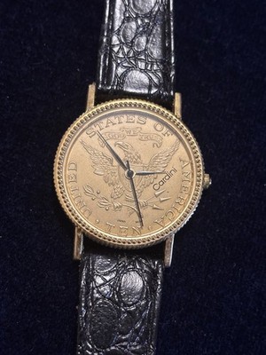 Cardini Ten Dollar Coin Quartz Wristwatch Gold Case Black Leather Strap Analog