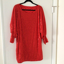 NWOT Red Sequin Party/Evening Dress XL. Knee Length. Lined. Long Sleeves.