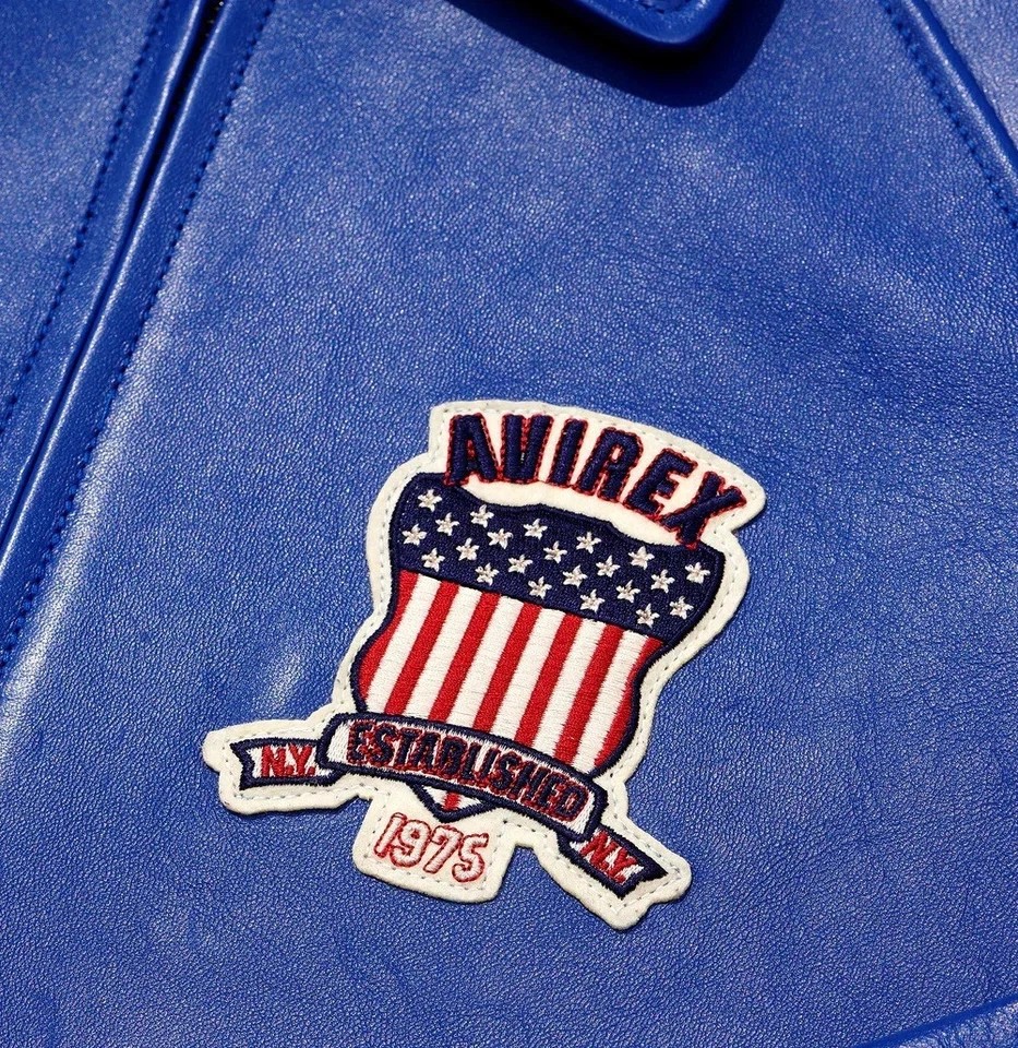 Mens Avirex USA American Flight Bomber Genuine Blue Leather Jacket Varsity image 3