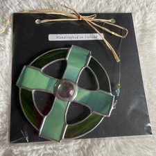 Irish Stained Glass Celtic Cross Green Wall Hanging Window Suncatcher 3.5" x3.5"
