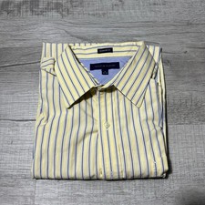 Tommy Hilfiger Dress Shirt Mens 17 34/35 Yellow Blue Stripe Regular Fit Cotton
