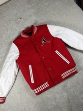 Jordan Boys Red/White Varsity Jacket Size L 12-13yrs Snap Jumpman Flight Pockets