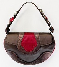 Vintage GUISEPPE ZANNOTTI Satin Gemstone Handle Satchel Dark Brown Red Purse