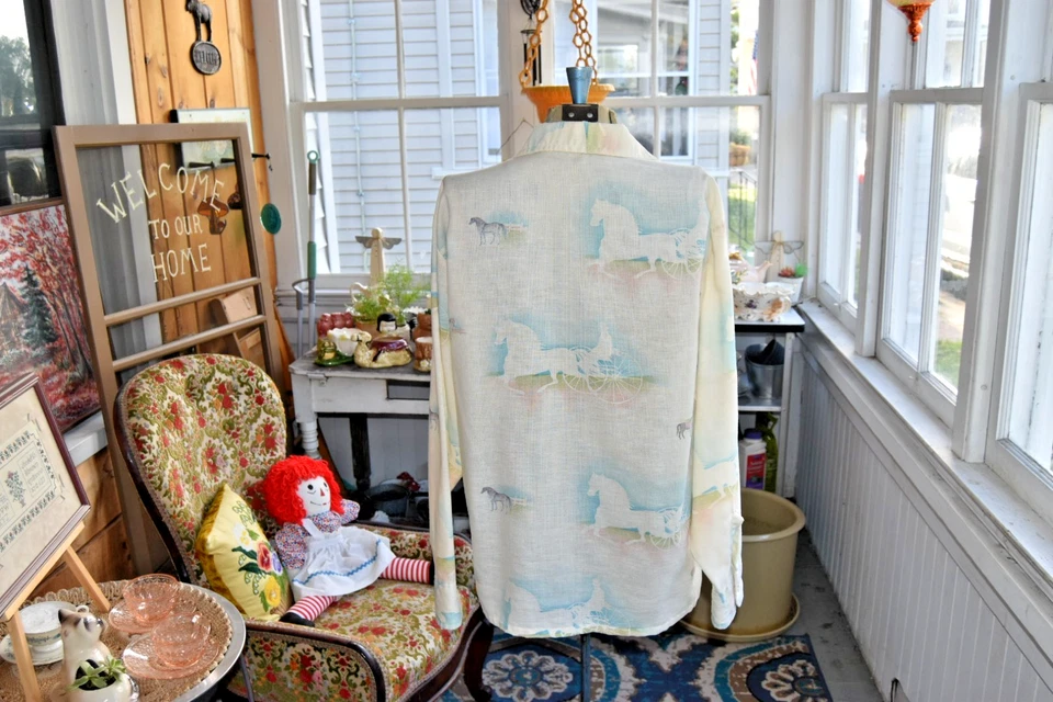 Винтажная рубашка 1960-х Anderson-Little хлопок льняная смесь LS пастельные лошади большой размер - Изображение 3 из 4