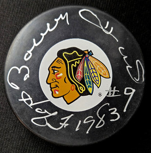 Bobby Hull Signed Blackhawks Official Puck Inscribed #9 HOF 1983 Auto PSA COA AU